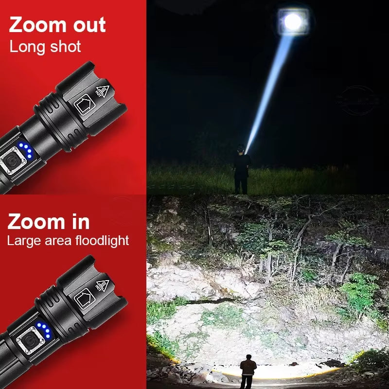 Powerful 500W Led Flashlight Telescopic Zoom 5000 Meters Rechargeable Flashlight Waterproof Torch Tactical Lantern as Power Bank