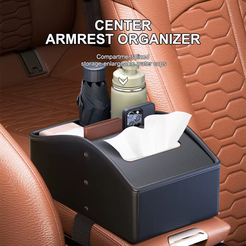 Car Arm Rest Storage Box Nappa Leather Armrest Organizer with Tissue Holder Universal Auto Center Console Extension Box