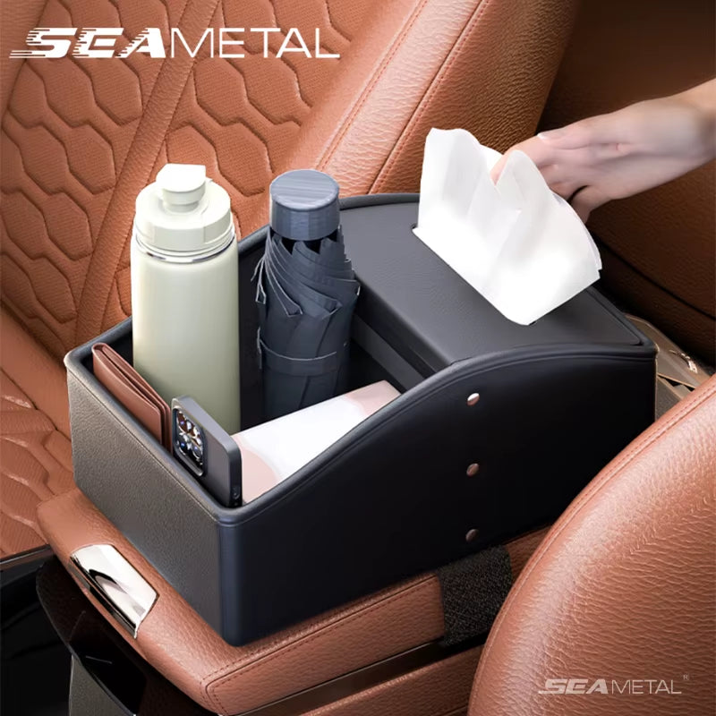 Car Arm Rest Storage Box Nappa Leather Armrest Organizer with Tissue Holder Universal Auto Center Console Extension Box