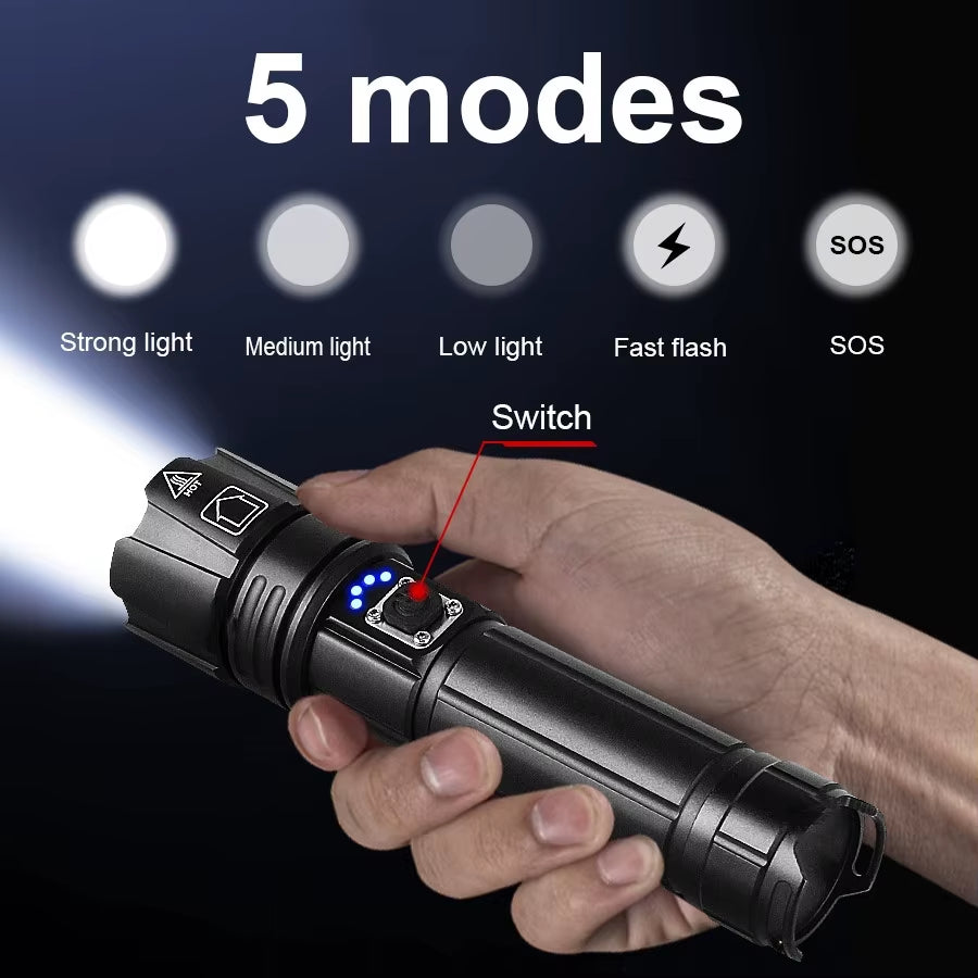 Powerful 500W Led Flashlight Telescopic Zoom 5000 Meters Rechargeable Flashlight Waterproof Torch Tactical Lantern as Power Bank