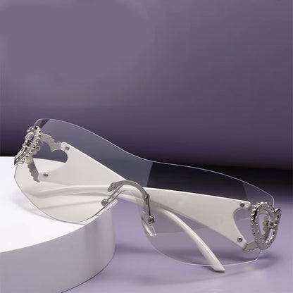 Y2K Punk Double Heart Gradient Sunglasses Rimless Futuristic Women Men Sun Glasses Outdoor Driving Party Eyewear 2024