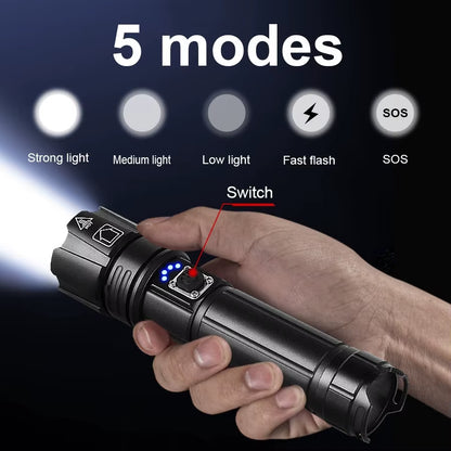 Powerful 500W Led Flashlight Telescopic Zoom 5000 Meters Rechargeable Flashlight Waterproof Torch Tactical Lantern as Power Bank